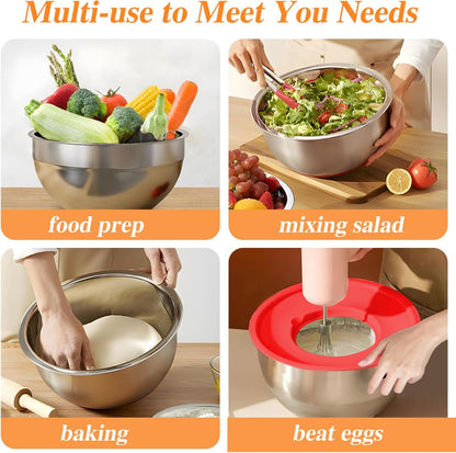 Mixing Bowls with Lids Set, 6 PCS Stainless Steel Mixing Bowls with 3 Grater Attachments, Kitchen Food Storage Organizers Nesting Mixing Bowl, Large Size 4.5, 3.5, 2.1, 1.5, 1.1, 0.7QT