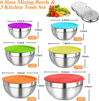 Mixing Bowls with Lids Set, 6 PCS Stainless Steel Mixing Bowls with 3 Grater Attachments, Kitchen Food Storage Organizers Nesting Mixing Bowl, Large Size 4.5, 3.5, 2.1, 1.5, 1.1, 0.7QT