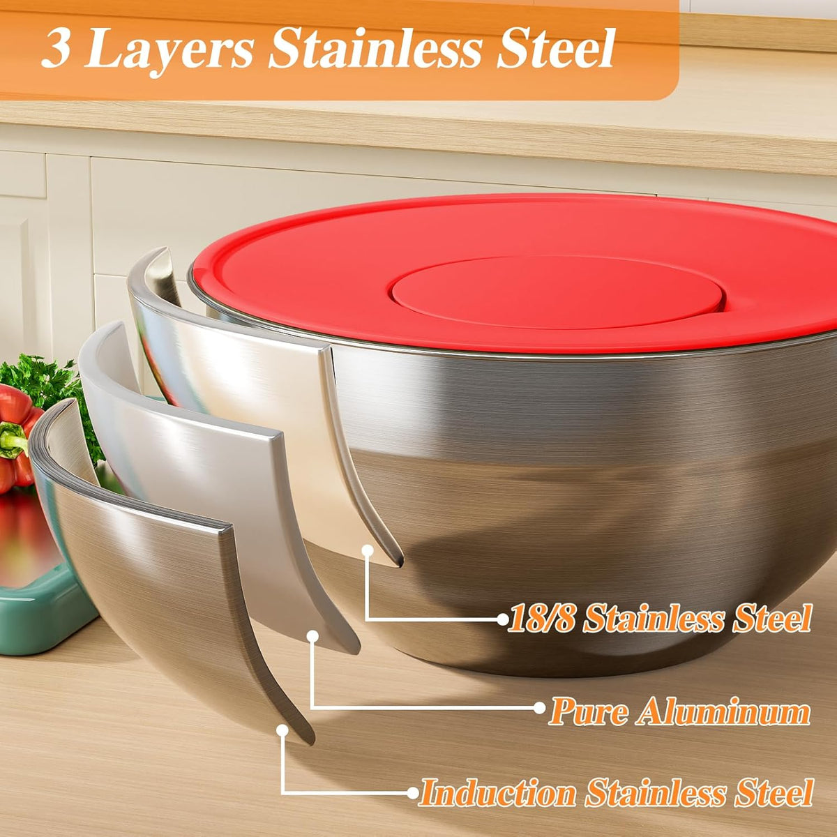Mixing Bowls with Lids Set, 6 PCS Stainless Steel Mixing Bowls with 3 Grater Attachments, Kitchen Food Storage Organizers Nesting Mixing Bowl, Large Size 4.5, 3.5, 2.1, 1.5, 1.1, 0.7QT