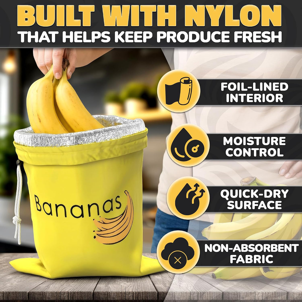 Reusable Banana Bag, 13.8 x 11 In, Nylon Body with Aluminum Lining