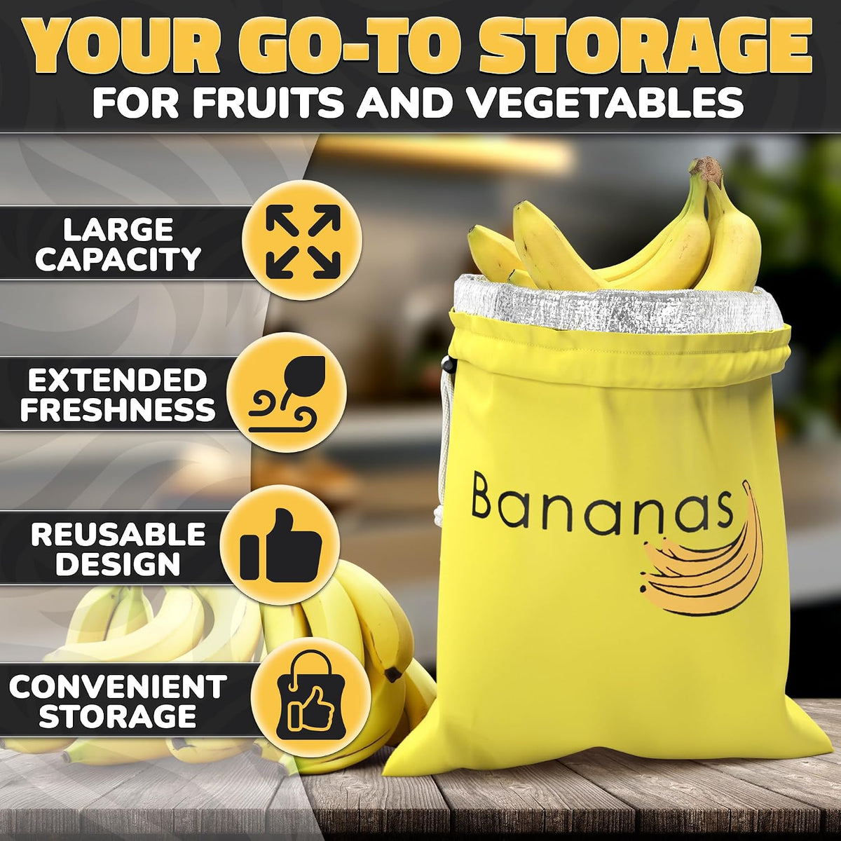 Reusable Banana Bag, 13.8 x 11 In, Nylon Body with Aluminum Lining