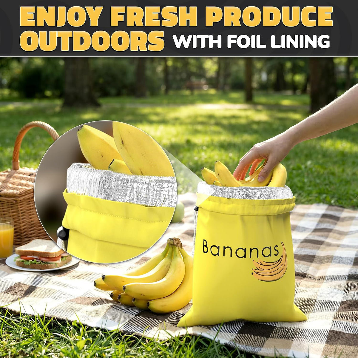 Reusable Banana Bag, 13.8 x 11 In, Nylon Body with Aluminum Lining