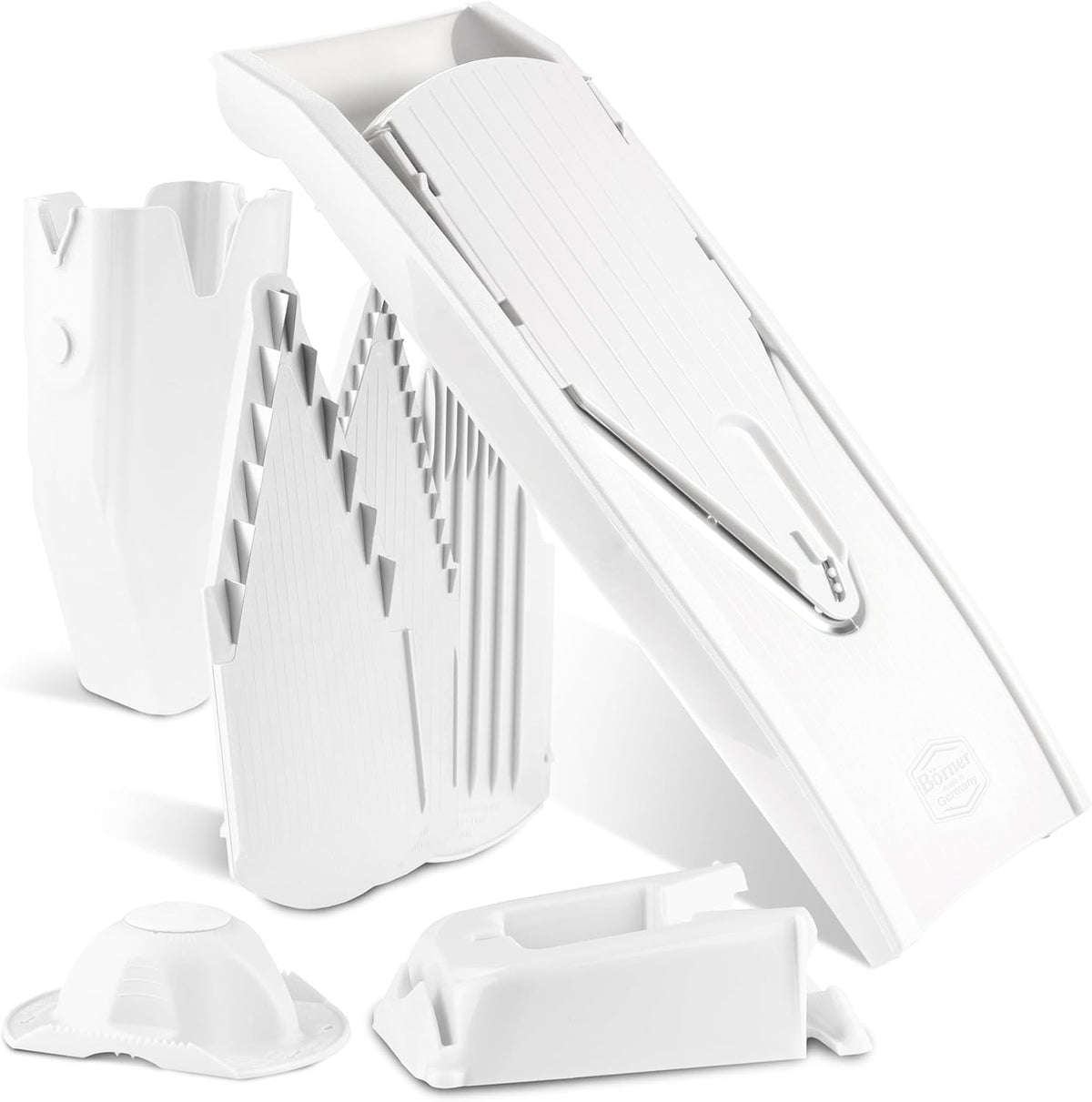 Mandoline Food Slicer V1 (Profi Set) by Reston Lloyd • V-Slicer with 4 Inserts, Docking Station & Food Holder • Made in Germany • Fruit & Vegetable Chopper • Multiple Settings • Color: White