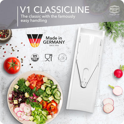 Mandoline Food Slicer V1 (Profi Set) by Reston Lloyd • V-Slicer with 4 Inserts, Docking Station & Food Holder • Made in Germany • Fruit & Vegetable Chopper • Multiple Settings • Color: White