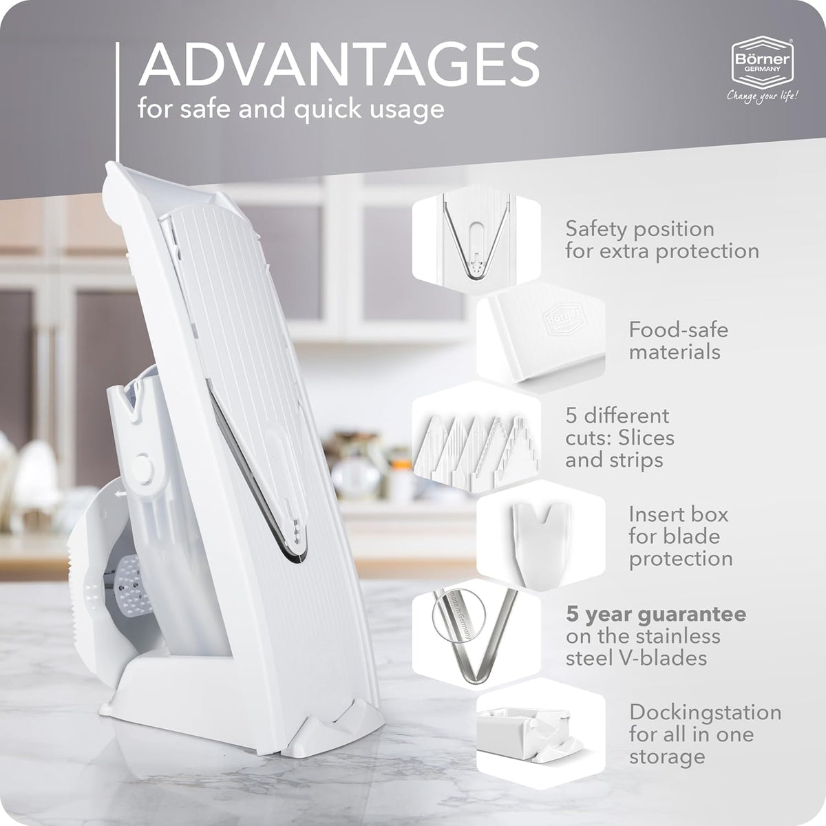 Mandoline Food Slicer V1 (Profi Set) by Reston Lloyd • V-Slicer with 4 Inserts, Docking Station & Food Holder • Made in Germany • Fruit & Vegetable Chopper • Multiple Settings • Color: White