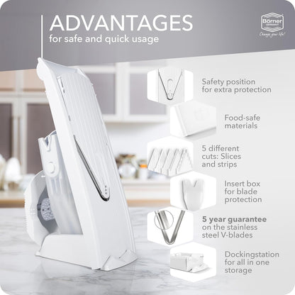 Mandoline Food Slicer V1 (Profi Set) by Reston Lloyd • V-Slicer with 4 Inserts, Docking Station & Food Holder • Made in Germany • Fruit & Vegetable Chopper • Multiple Settings • Color: White