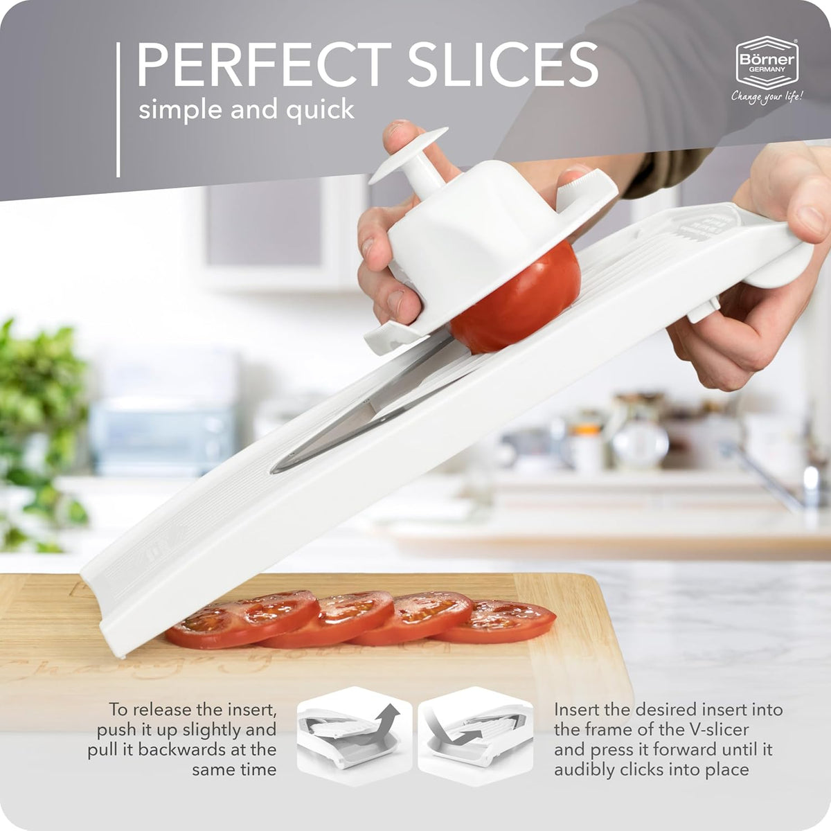 Mandoline Food Slicer V1 (Profi Set) by Reston Lloyd • V-Slicer with 4 Inserts, Docking Station & Food Holder • Made in Germany • Fruit & Vegetable Chopper • Multiple Settings • Color: White