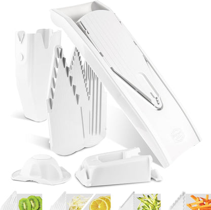 Mandoline Food Slicer V1 (Profi Set) by Reston Lloyd • V-Slicer with 4 Inserts, Docking Station & Food Holder • Made in Germany • Fruit & Vegetable Chopper • Multiple Settings • Color: White