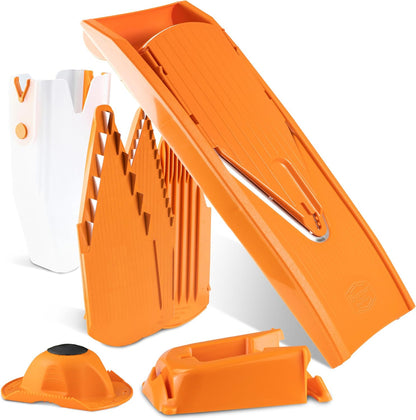Mandoline Food Slicer V1 (Profi Set) by Reston Lloyd • V-Slicer with 4 Inserts, Docking Station & Food Holder • Made in Germany • Fruit & Vegetable Chopper • Multiple Settings • Color: White