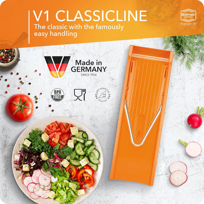 Mandoline Food Slicer V1 (Profi Set) by Reston Lloyd • V-Slicer with 4 Inserts, Docking Station & Food Holder • Made in Germany • Fruit & Vegetable Chopper • Multiple Settings • Color: White