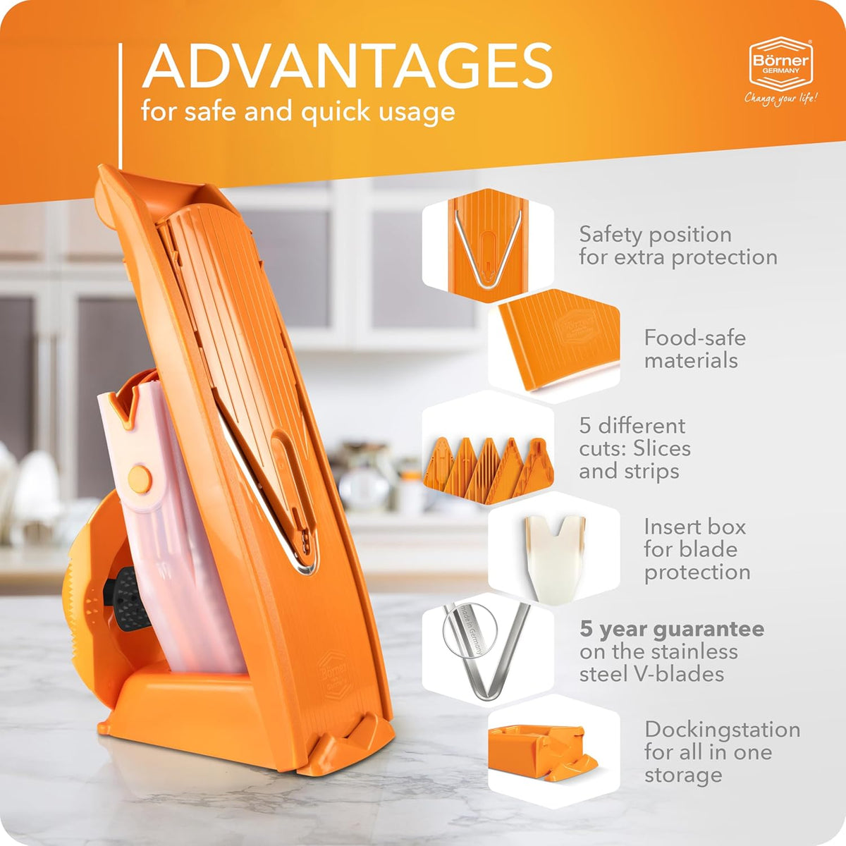 Mandoline Food Slicer V1 (Profi Set) by Reston Lloyd • V-Slicer with 4 Inserts, Docking Station & Food Holder • Made in Germany • Fruit & Vegetable Chopper • Multiple Settings • Color: White