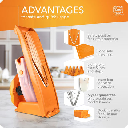 Mandoline Food Slicer V1 (Profi Set) by Reston Lloyd • V-Slicer with 4 Inserts, Docking Station & Food Holder • Made in Germany • Fruit & Vegetable Chopper • Multiple Settings • Color: White