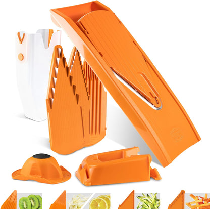 Mandoline Food Slicer V1 (Profi Set) by Reston Lloyd • V-Slicer with 4 Inserts, Docking Station & Food Holder • Made in Germany • Fruit & Vegetable Chopper • Multiple Settings • Color: White