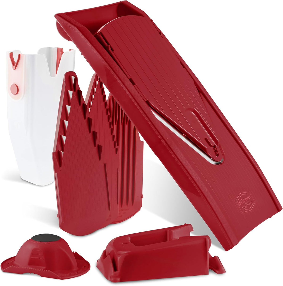Mandoline Food Slicer V1 (Profi Set) by Reston Lloyd • V-Slicer with 4 Inserts, Docking Station & Food Holder • Made in Germany • Fruit & Vegetable Chopper • Multiple Settings • Color: White