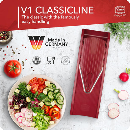 Mandoline Food Slicer V1 (Profi Set) by Reston Lloyd • V-Slicer with 4 Inserts, Docking Station & Food Holder • Made in Germany • Fruit & Vegetable Chopper • Multiple Settings • Color: White
