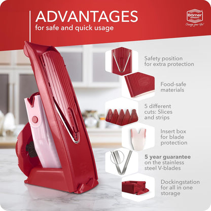 Mandoline Food Slicer V1 (Profi Set) by Reston Lloyd • V-Slicer with 4 Inserts, Docking Station & Food Holder • Made in Germany • Fruit & Vegetable Chopper • Multiple Settings • Color: White
