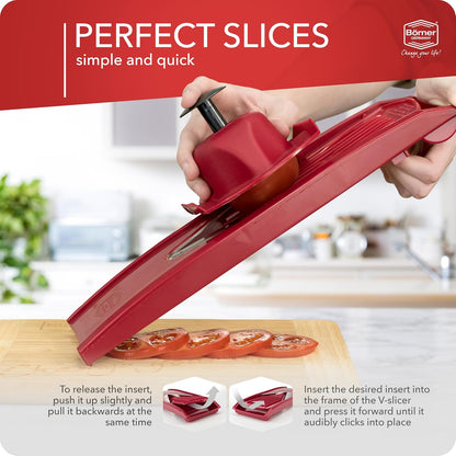 Mandoline Food Slicer V1 (Profi Set) by Reston Lloyd • V-Slicer with 4 Inserts, Docking Station & Food Holder • Made in Germany • Fruit & Vegetable Chopper • Multiple Settings • Color: White