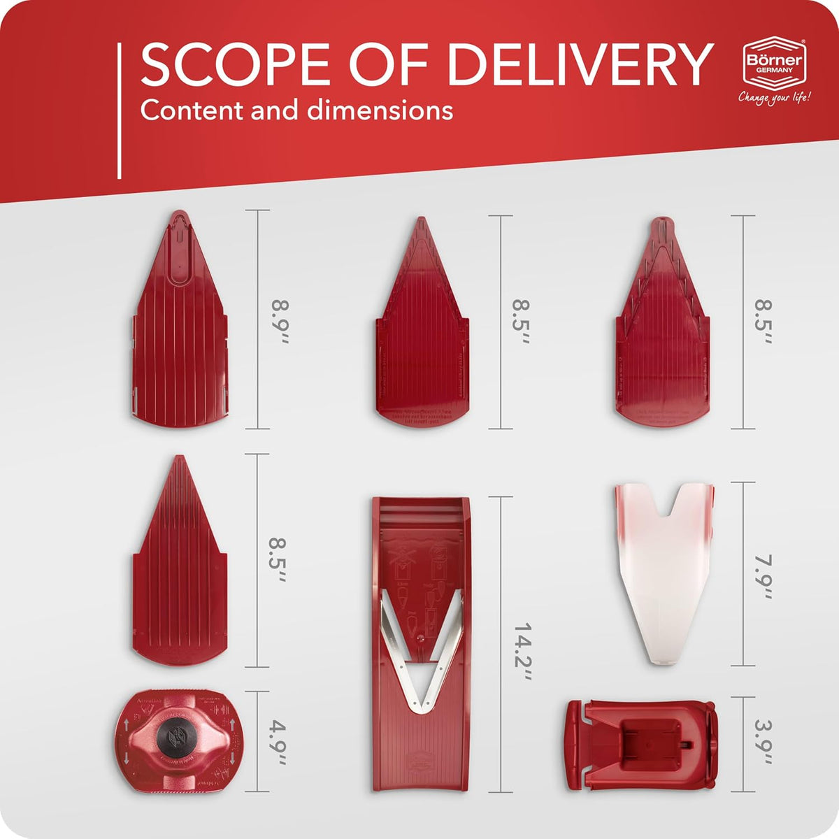 Mandoline Food Slicer V1 (Profi Set) by Reston Lloyd • V-Slicer with 4 Inserts, Docking Station & Food Holder • Made in Germany • Fruit & Vegetable Chopper • Multiple Settings • Color: White
