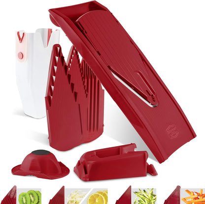 Mandoline Food Slicer V1 (Profi Set) by Reston Lloyd • V-Slicer with 4 Inserts, Docking Station & Food Holder • Made in Germany • Fruit & Vegetable Chopper • Multiple Settings • Color: White