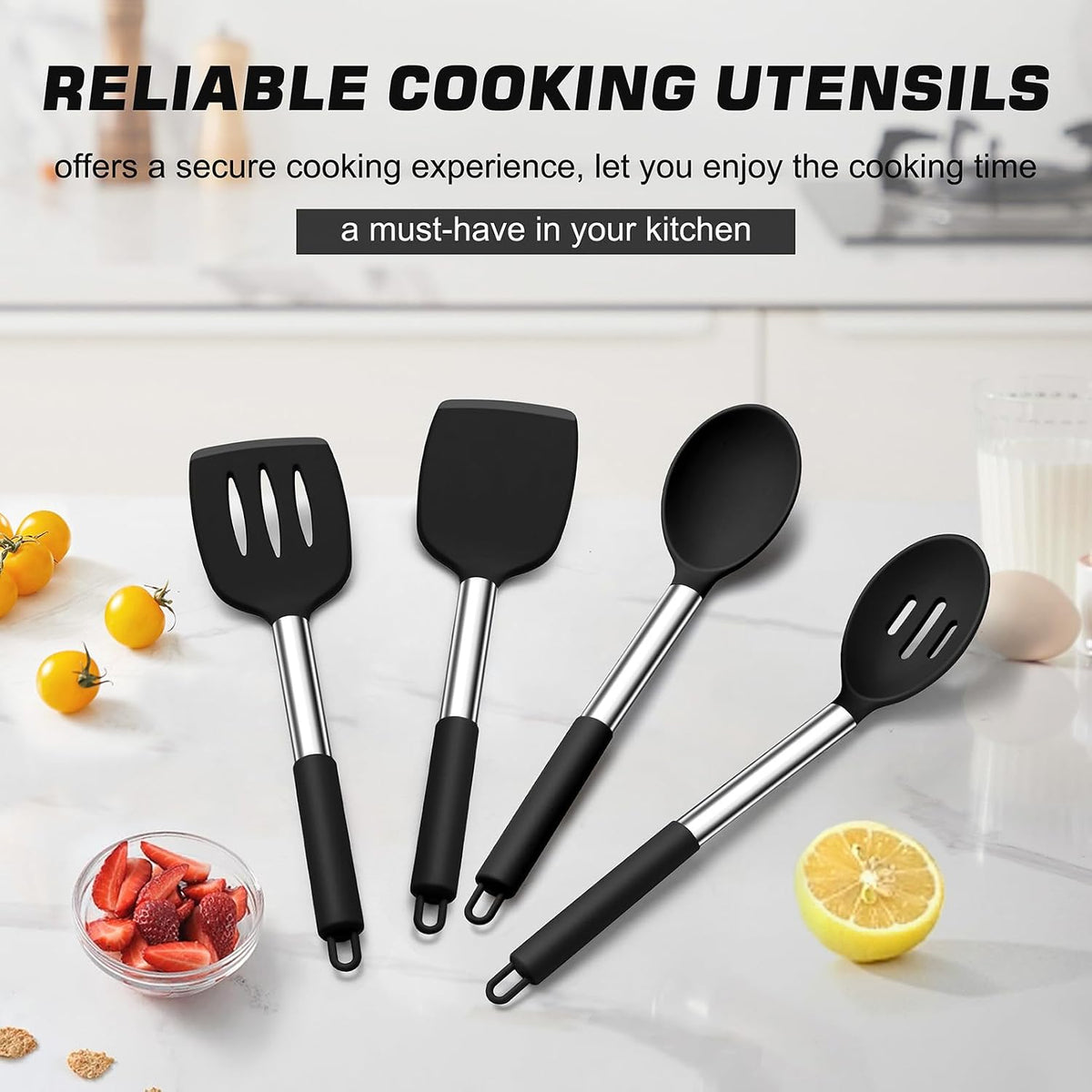 Kitchen Utensils, 4 PCS Silicone Cooking Utensils Spatula Spoon Set