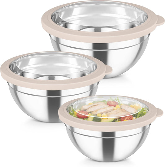 Mixing Bowls with Lids, 4.5/3/1.5 QT Stainless Steel Nesting Bowls | Salad Bowls with Airtight Lids, For Serving/Mixing/Storing/Prepping, Healthy & Sturdy, Visible & Easy Clean, Khaki, Set of 3