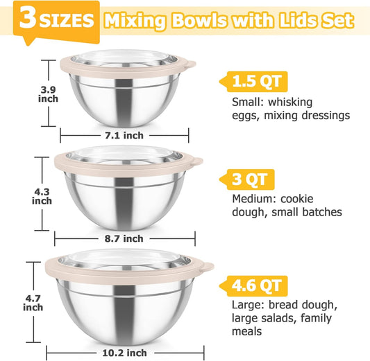 Mixing Bowls with Lids, 4.5/3/1.5 QT Stainless Steel Nesting Bowls | Salad Bowls with Airtight Lids, For Serving/Mixing/Storing/Prepping, Healthy & Sturdy, Visible & Easy Clean, Khaki, Set of 3
