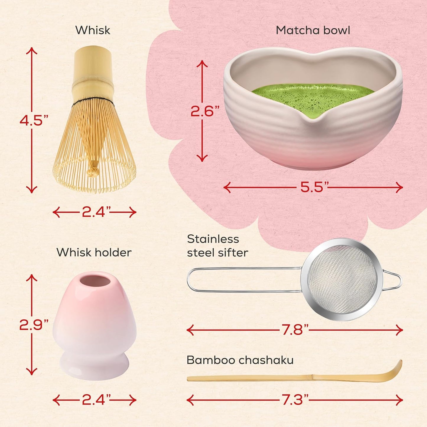 Matcha Whisk Set | Complete Pink Matcha Set w/Heart-Shaped Bowl, Bamboo Whisk, Holder, Stainless Steel Sifter, Bamboo Scoop | Cute Gift Present Macha Kit Handmade Bowl | Macha Powder Tea Kit