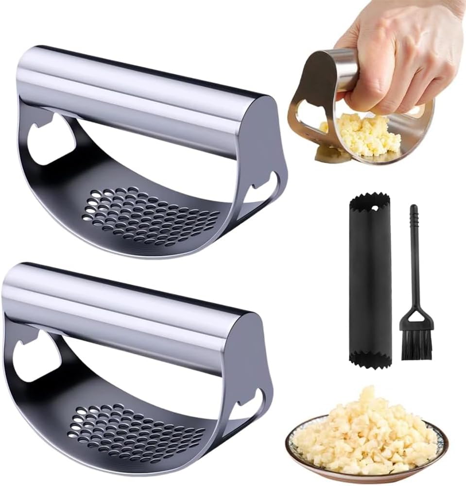 Stainless Steel Garlic Press Rocker, 2025 New Heavy Duty Gralic Crusher Tool with Peeler and Brush for Smash Garlic Built-in Bottle Opener - Easy Kitchen Gadget for Effortless Garlic Prep (1, black)