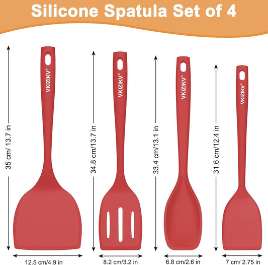 Silicone Spatula Turner Set, 4 Pack, 600°F Heat Resistant Cooking Spatulas, Spoons, BPA Free & Non-Stick Kitchen Utensils, Ideal for Flipping Egg, Pancake, and Serving, Dishwasher Safe (Red)