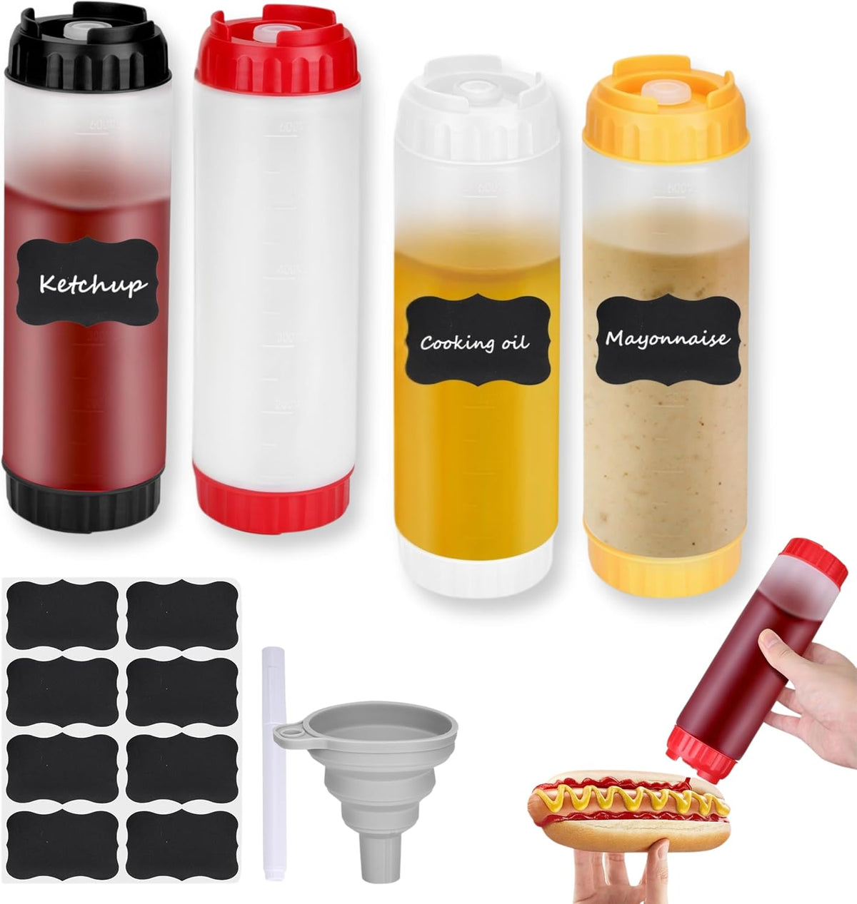 4pcs Inverted Condiment Squeeze Bottles, Leak-Proof Refillable Sauce Container for All Types Liquid, Plastic 24OZ FIFO Squeeze Dispenser for Ketchup Mustard Mayo Honey Syrup Oil