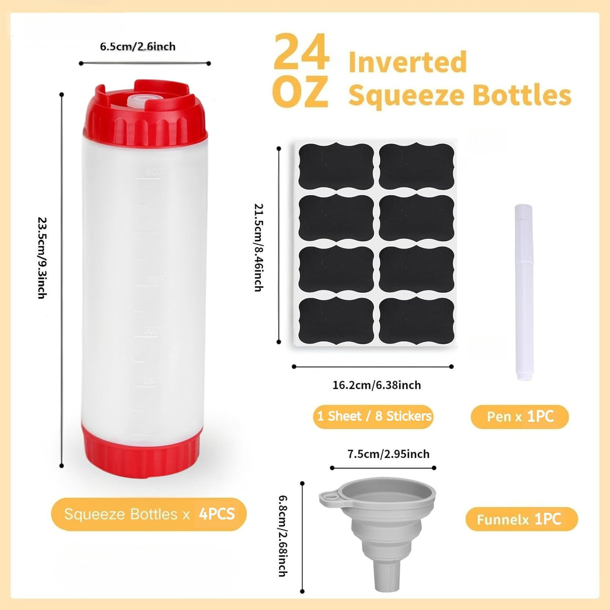 4pcs Inverted Condiment Squeeze Bottles, Leak-Proof Refillable Sauce Container for All Types Liquid, Plastic 24OZ FIFO Squeeze Dispenser for Ketchup Mustard Mayo Honey Syrup Oil