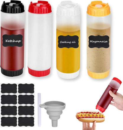 4pcs Inverted Condiment Squeeze Bottles, Leak-Proof Refillable Sauce Container for All Types Liquid, Plastic 24OZ FIFO Squeeze Dispenser for Ketchup Mustard Mayo Honey Syrup Oil