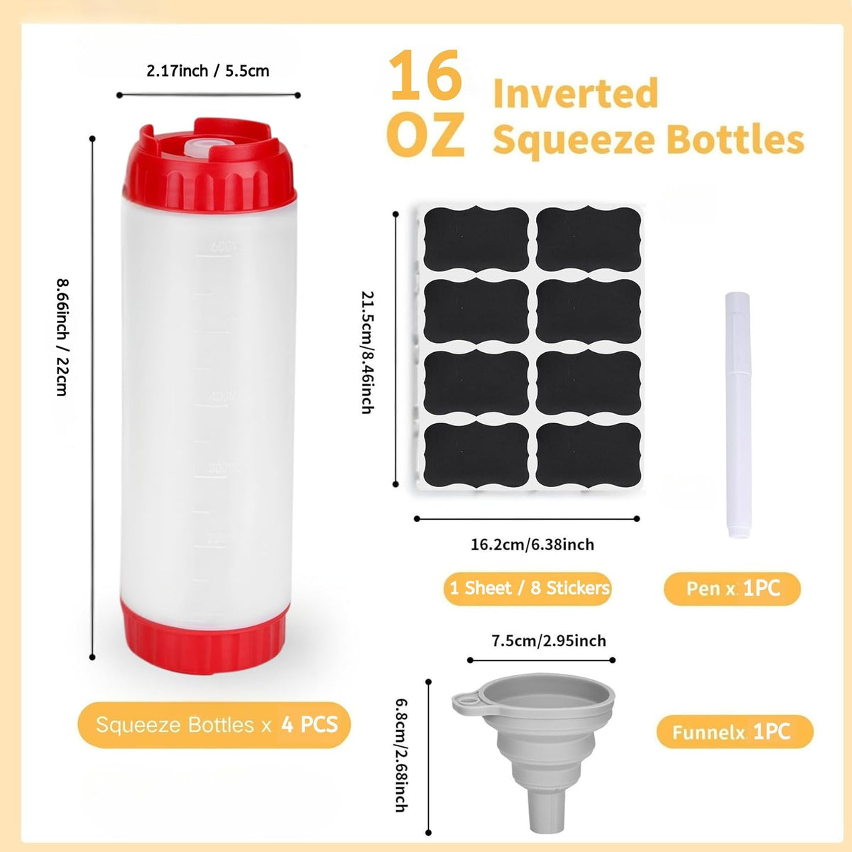 4pcs Inverted Condiment Squeeze Bottles, Leak-Proof Refillable Sauce Container for All Types Liquid, Plastic 24OZ FIFO Squeeze Dispenser for Ketchup Mustard Mayo Honey Syrup Oil