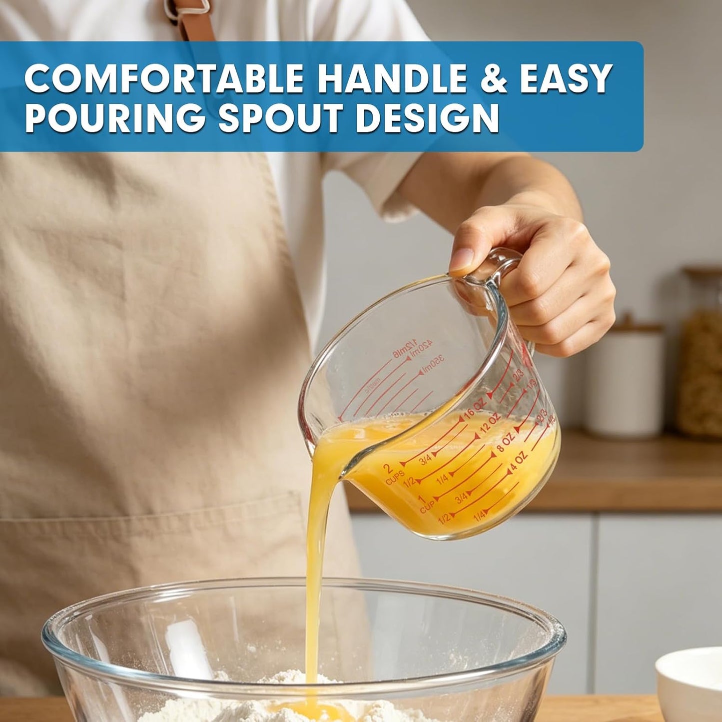 KOMUEE 4 Pieces Glass Measuring Cups Set | 5 Oz, 1-Cup, 2-Cup, 4-Cup Liquid Measuring Cups with Lids for Kitchen, Freezer and Microwave Safe