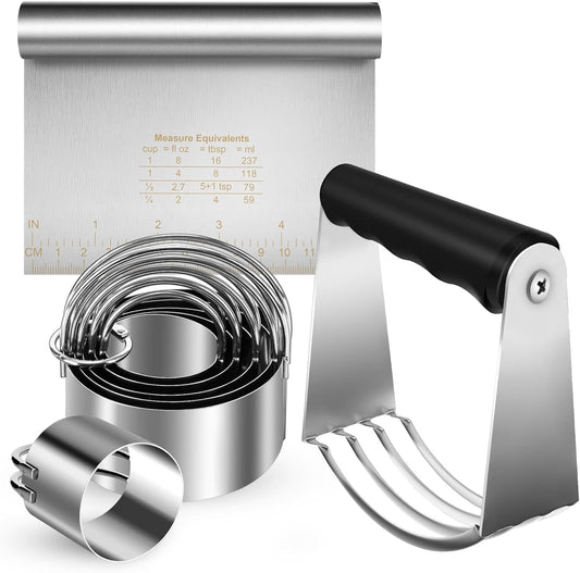 Stainless Steel Biscuit Cutter Set, Pastry Scraper and Dough Blender, Sturdy & Long-Lasting with Ergonomic Rubber Grip, Baking Dough Tools for Cooking Cookies and Donuts, Cakes, or Making Pancakes