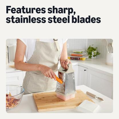 4-Sided Cheese Grater with Measurement Container, Stainless Steel, Dishwasher-Safe