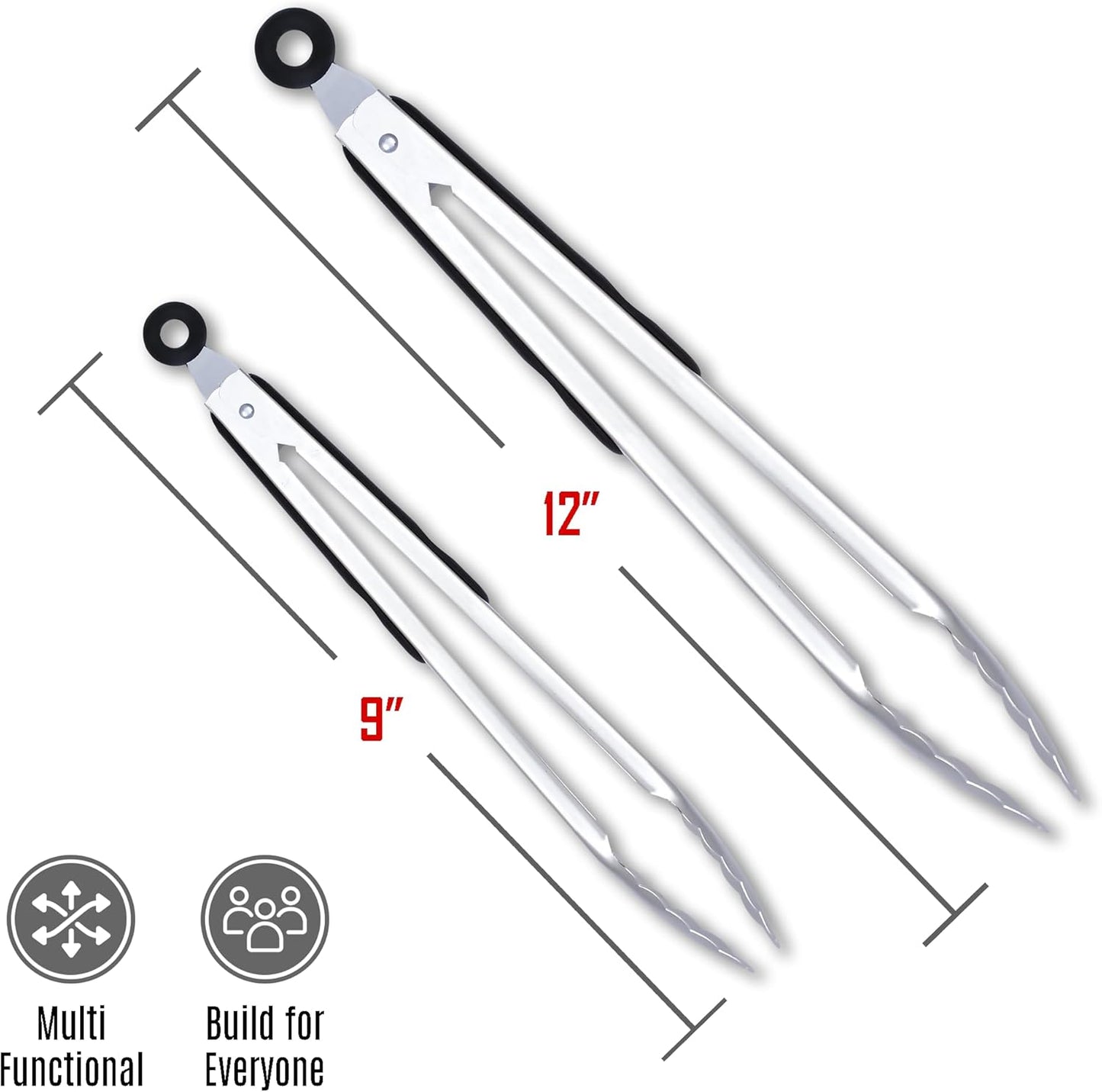 Pack of 3 Stainless Steel Kitchen Tongs with Silicone Tips – Non-Stick Cooking, Grilling & BBQ Tongs for Serving, Dishwasher Safe, 7", 9" & 12", Black