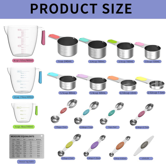 Measuring Cups and Spoons Set for Cooking & Baking, 5 Stainless Steel Magnetic Measuring Cups, 3 Plastic Measuring Cup, 7 Magnetic Measuring Spoons, 1 Leveler, 1 Measuring Conversion Chart