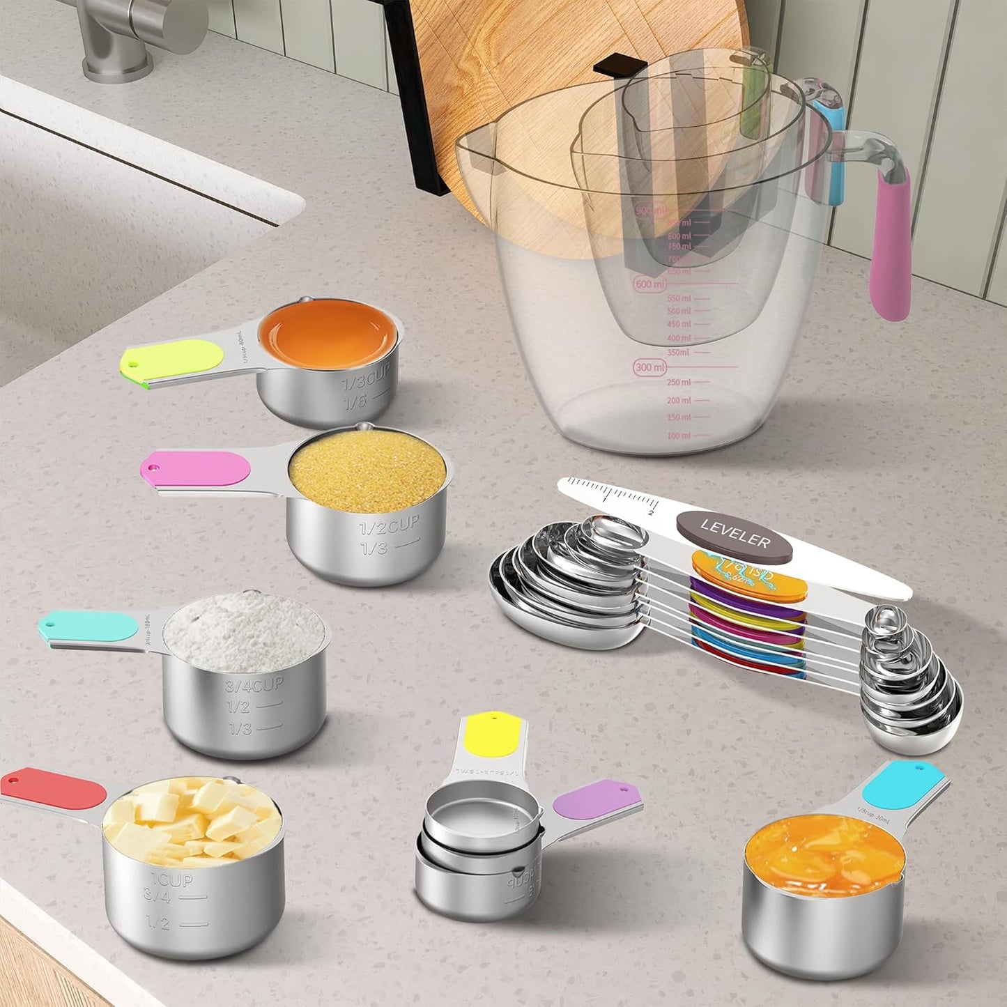 Measuring Cups and Spoons Set for Cooking & Baking, 5 Stainless Steel Magnetic Measuring Cups, 3 Plastic Measuring Cup, 7 Magnetic Measuring Spoons, 1 Leveler, 1 Measuring Conversion Chart