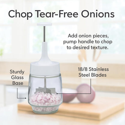 Kitchen Old Fashioned Onion Chopper, Glass, 18/8 Stainless Steel Plane-Edge Blades For Onions, Eggs, Product, Nuts