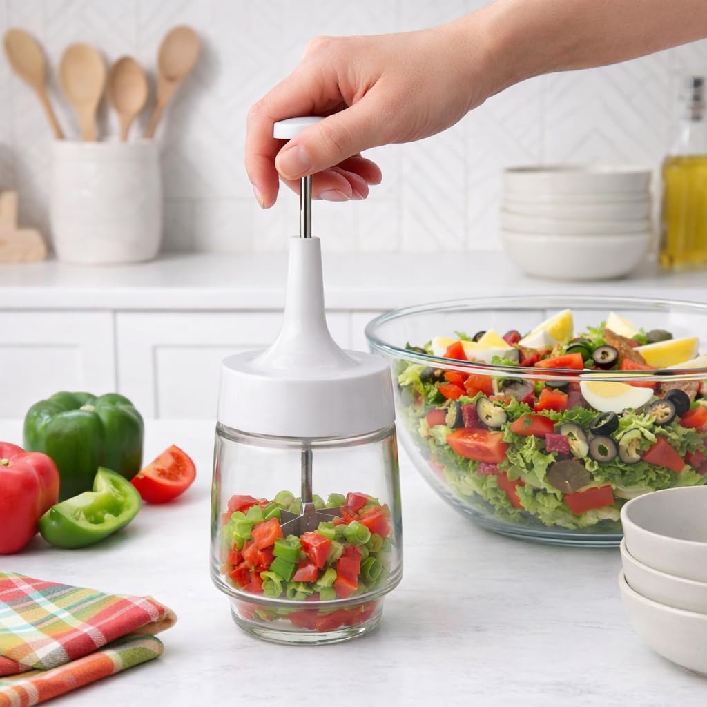 Kitchen Old Fashioned Onion Chopper, Glass, 18/8 Stainless Steel Plane-Edge Blades For Onions, Eggs, Product, Nuts