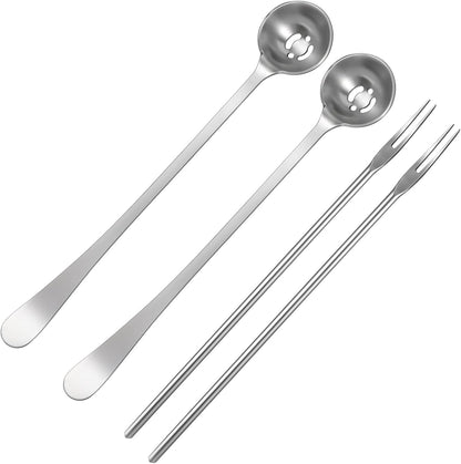 4 Pack Olive Spoon and Pickle Fork Olive Spoons with Drain Holes Stainless Steel Long Handle Food Picker for Pickle Jars Serving Spoon and Fork Set for Olives Pickles Cucumber Onion