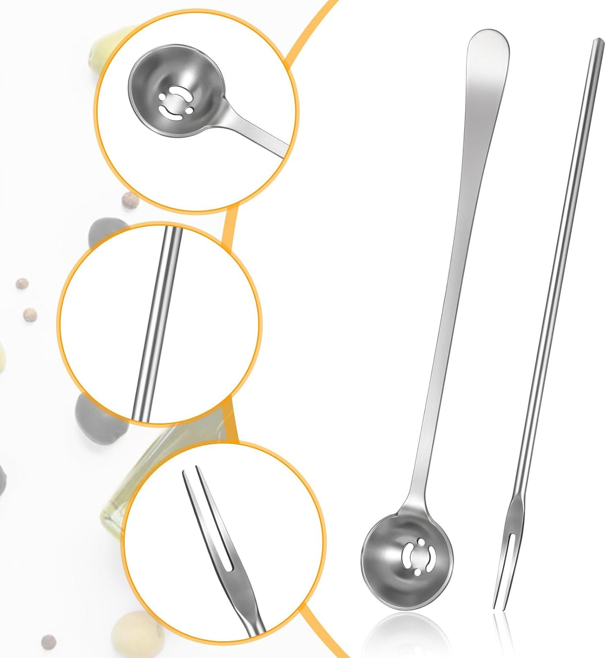 4 Pack Olive Spoon and Pickle Fork Olive Spoons with Drain Holes Stainless Steel Long Handle Food Picker for Pickle Jars Serving Spoon and Fork Set for Olives Pickles Cucumber Onion