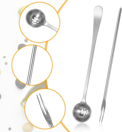4 Pack Olive Spoon and Pickle Fork Olive Spoons with Drain Holes Stainless Steel Long Handle Food Picker for Pickle Jars Serving Spoon and Fork Set for Olives Pickles Cucumber Onion