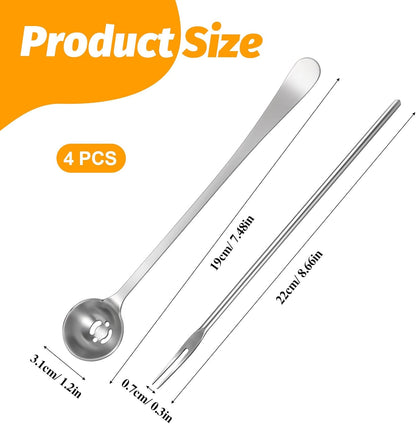 4 Pack Olive Spoon and Pickle Fork Olive Spoons with Drain Holes Stainless Steel Long Handle Food Picker for Pickle Jars Serving Spoon and Fork Set for Olives Pickles Cucumber Onion