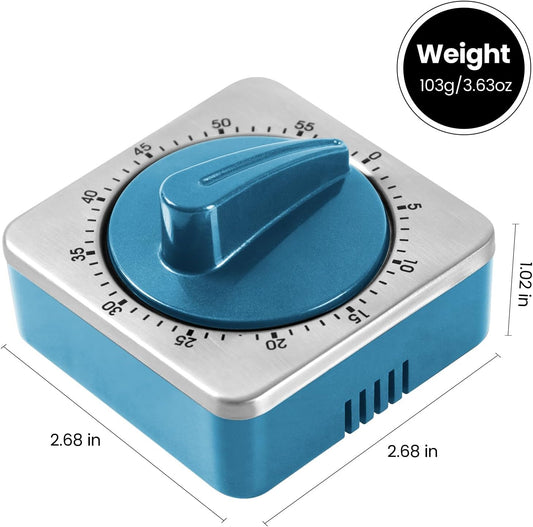 Kitchen Timers for Cooking, Chef Cooking Timer Clock with Loud Alarm,100% Mechanical Desk Timer - No Batteries Required -Magnetic Back, Exquisite Stainless Steel Body -Countdown Reminder Magnetic-Blue