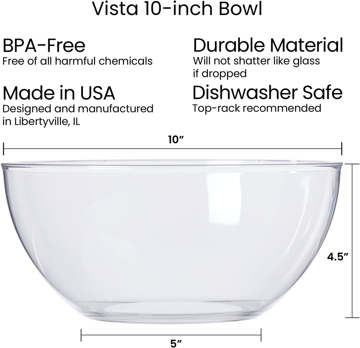 Vista Clear Plastic Salad and Serving 10-inch Bowls | set of 3 | Reusable, BPA-free, Made in the USA | 135 oz. capacity