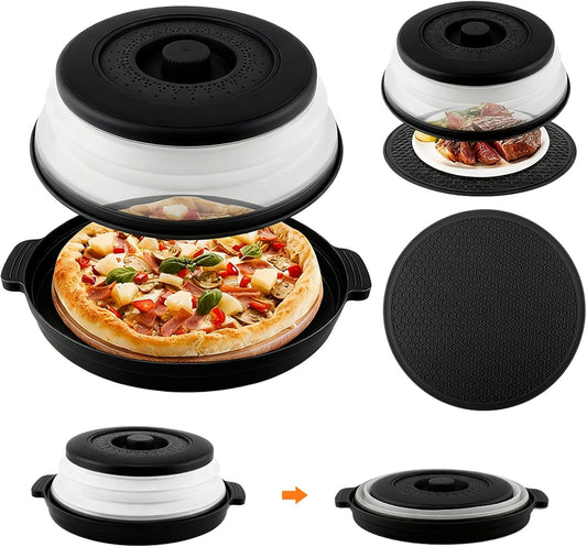 Microwave Splatter Cover 2 in 1 Collapsible Microwave Food Cover with Tray & Handles,Microwave Plate Covers With Steam Vent Fits Bowls,Plates & Pots,Food,Meal Prep(26 * 26 * 7cm,COLOR:Black)