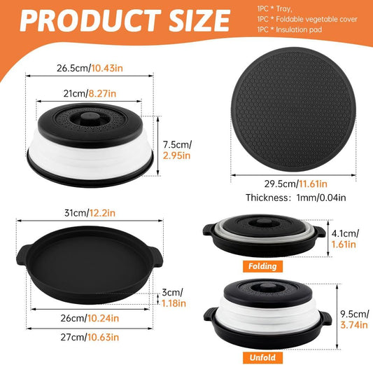 Microwave Splatter Cover 2 in 1 Collapsible Microwave Food Cover with Tray & Handles,Microwave Plate Covers With Steam Vent Fits Bowls,Plates & Pots,Food,Meal Prep(26 * 26 * 7cm,COLOR:Black)