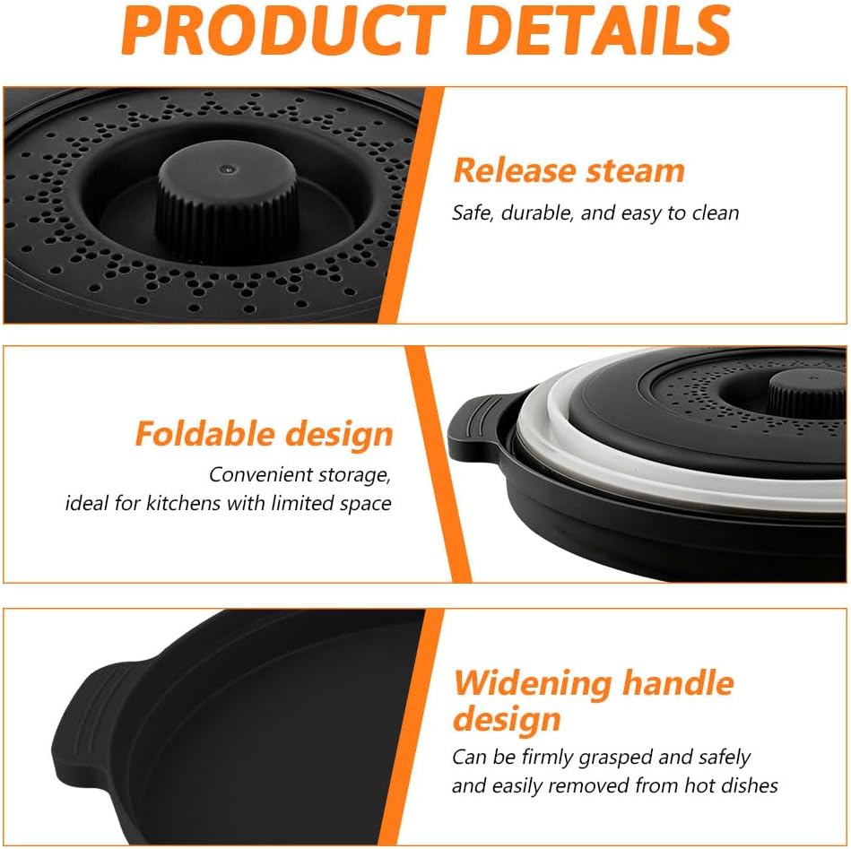 Microwave Splatter Cover 2 in 1 Collapsible Microwave Food Cover with Tray & Handles,Microwave Plate Covers With Steam Vent Fits Bowls,Plates & Pots,Food,Meal Prep(26 * 26 * 7cm,COLOR:Black)